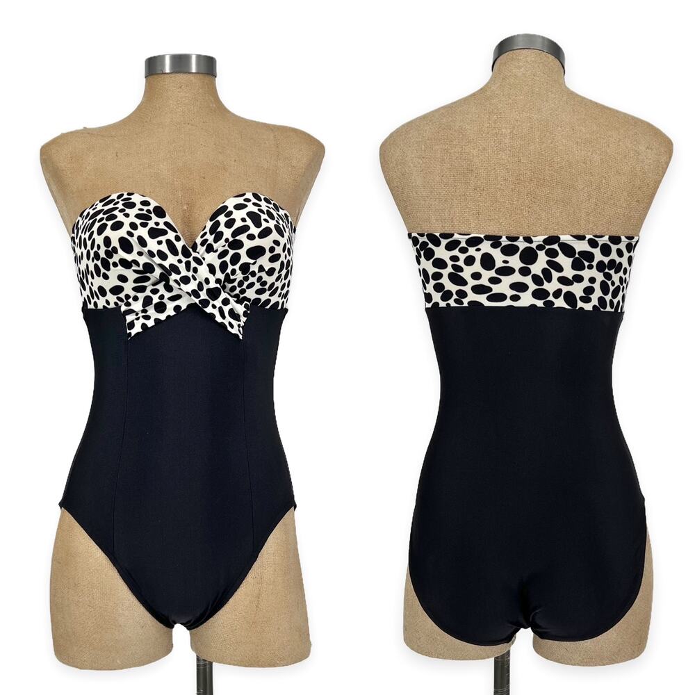 Vintage 70s Bill Blass Strapless Polka Dot One-Piece Swimsuit Small C/D Cup